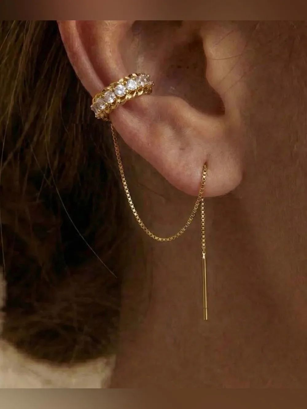Gold CrystalโEar Cuff Chain Earring A2098